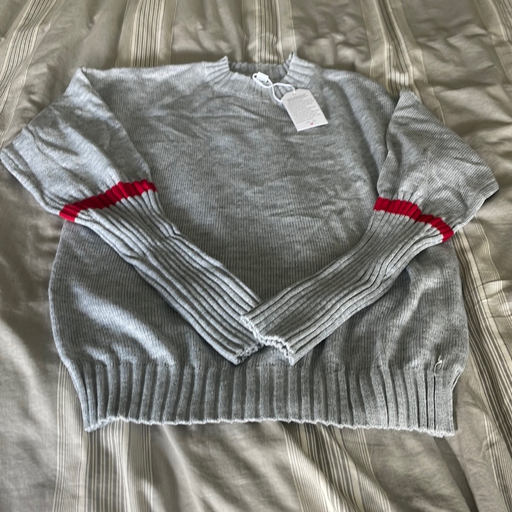 Gray long sleeved red striped sweater